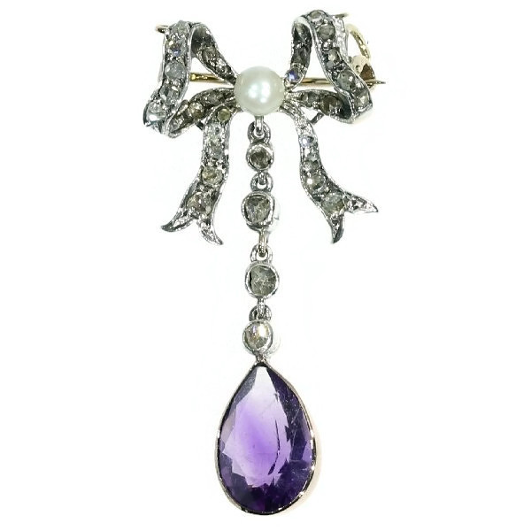 Victorian bow pin with diamonds pearl and amethyst